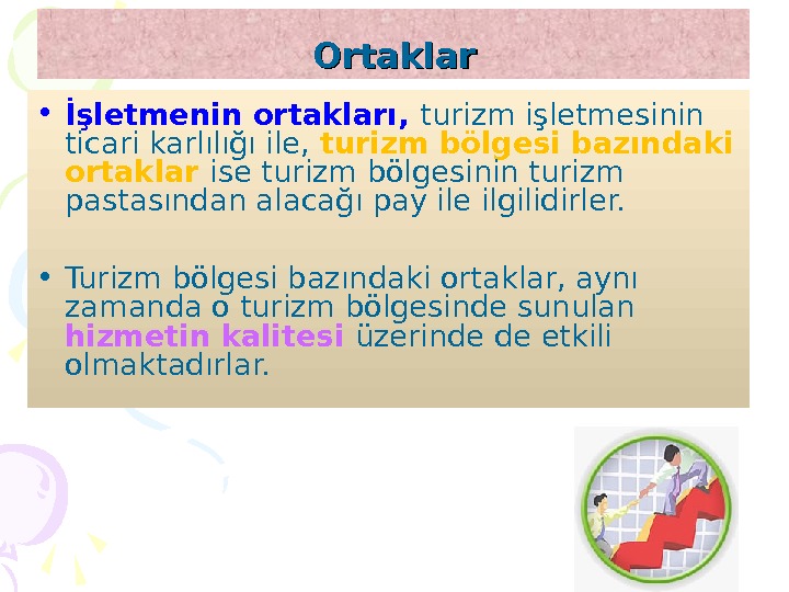 Ortaklar • İşletmenin ortakları,  turizm işletmesinin ticari karlılığı ile,  turizm bölgesi bazındaki